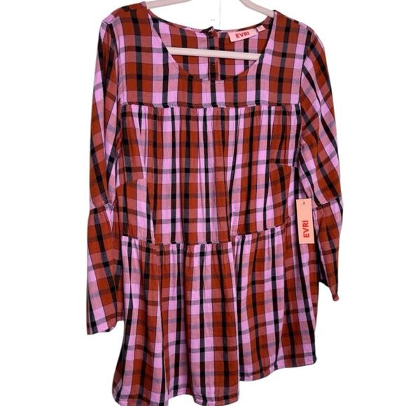 EVRI Plaid Plus Size Bell Sleeve Tiered Blouse Top Size 0X NWT - Picture 3 of 8